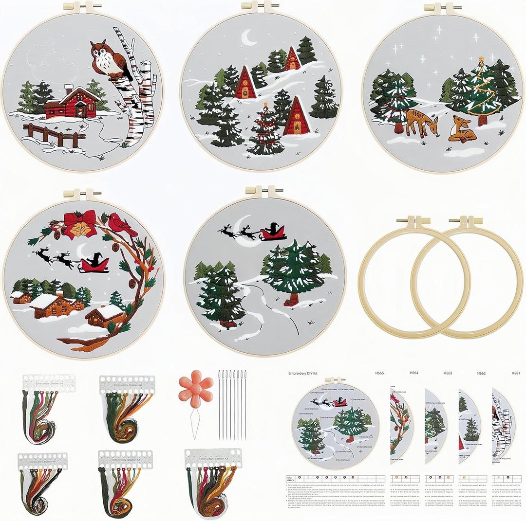 Stranthother 5 Sets Embroidery Kits for Beginners Adults,Easy Hand Embroidery Kit,Embroidery Starter Kit,Cross Stitch Needlepoint Kits Includes Hoops Thread Needles (green)