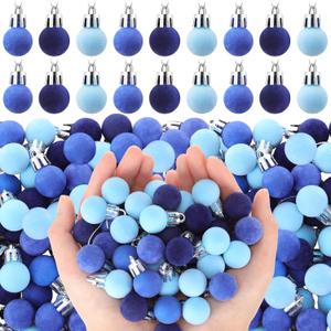 120 Pcs Mini Christmas Velvet Balls Ornaments Bulk, 0.79inch / 20 Mm, Flocked, Ready to Hang for Christmas Tree, Wreaths, Patio(Blue)
