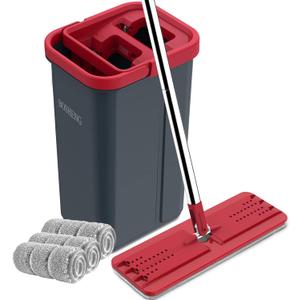 Hands-Free Mop and Bucket Set with 3 Washable Pads, Wet/Dry Floor Cleaning System, Red/Black