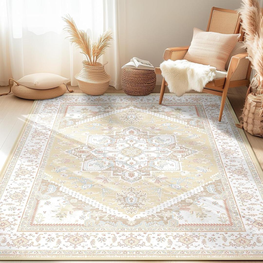 BESTSWEETIE 6x9 Area Rugs for Living Room Washable Non Slip Carpet Low Pile Soft Vintage Print Pattern Rug for Bedroom Dining Room Kitchen Entryway Indoor-Cream/Light 