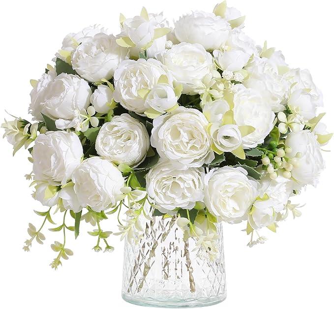 10 x White Peonies Artificial Flowers Faux Peony Bouquet Fake White Flowers for Vase Silk Floral Arrangements for Table Centerpiece Wedding Decoration Indoor Home Decor