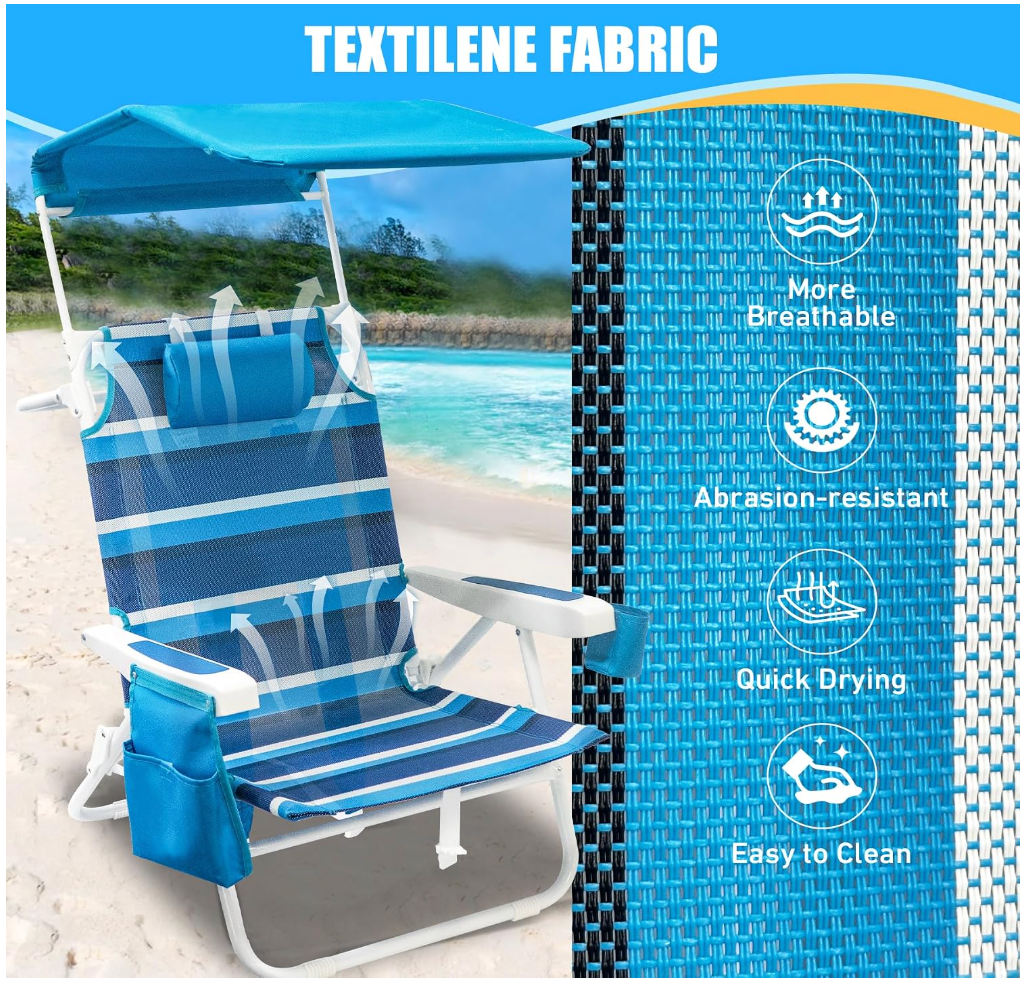 1 Pack Beach Chair with Canopy Shade, 5 Positions Lay Flat Textilene Reclining Beach Chair with Backpack Straps, Cooler Bag & Cup Holder for Outdoor Lawn Camping