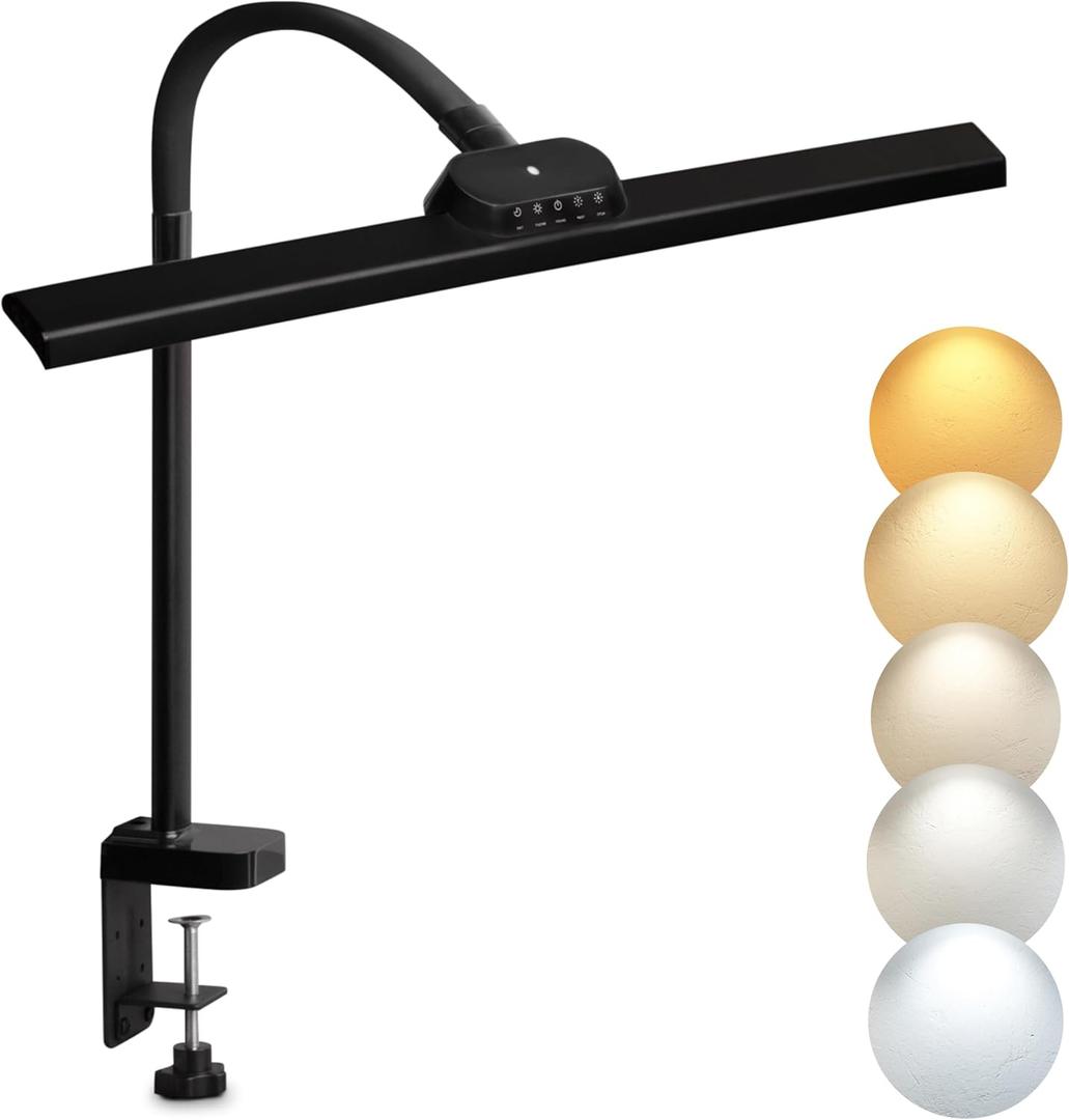 Tall LED Desk Lamp with Clamp, 20W Architect Desk Lamp for Office Home, Eye-Caring LED Light, Dimmable and Adjustable Lighting with Memory, Dual Monitor Workbench Light with Clamp, Black