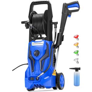 Electric Pressure Washer - 3800PSImax 2.6GPM ZHUOLIN Power Washer for Cars Washing with 25FT Pressure Hose Reel 4 Interchangeable Nozzle & Foam Cannon, Blue