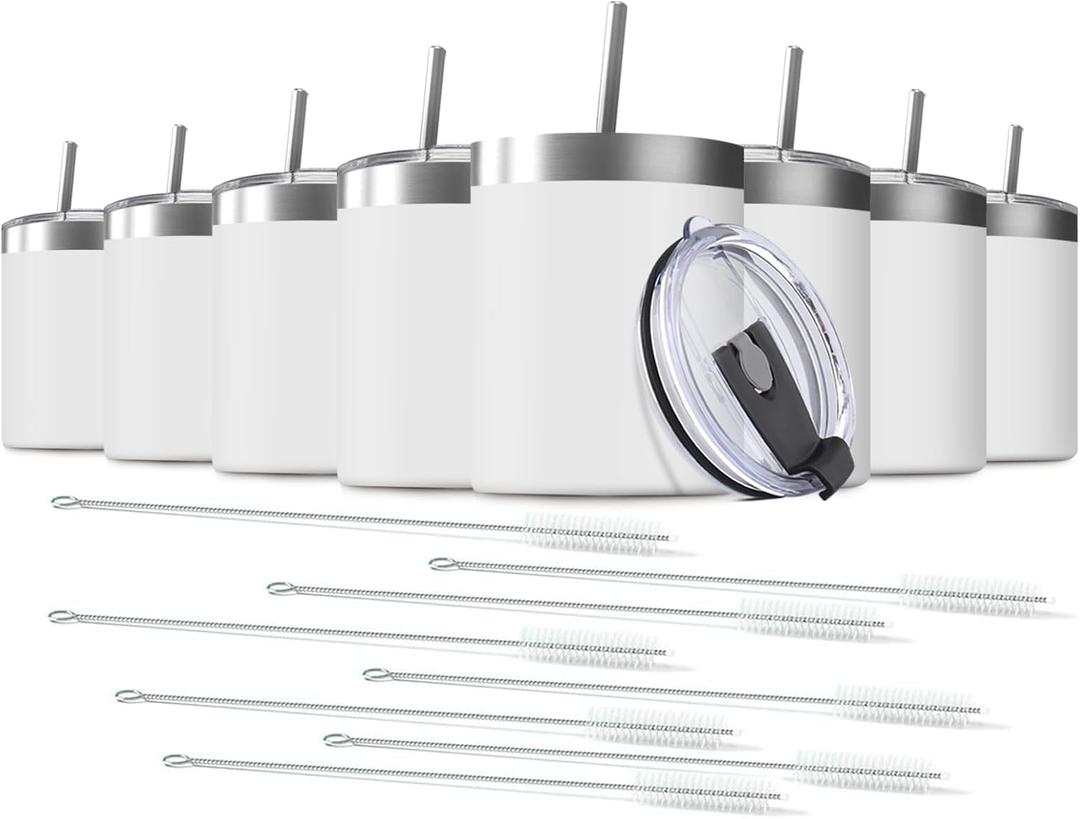 8 Pack 12 Oz Stainless Steel Skinny Tumbler with Splash Proof Lid, Vacuum Insulated Double Wall Thermal Cup, Outdoor Unbreakable Travel Slim Bottle for Hot Cold Drinks (White)