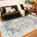 Washable Area Rug 9x12 Boho Chic Medallion Distressed Design Non-Shedding Easy Care Ideal for High Traffic Areas in Living Room Bedroom Office Coffee Table Large Carpet (Taupe and Blue)