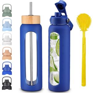 32 oz 1L Borosilicate Glass Water Bottle with Bamboo Lid, Stainless Steel Straw, 2 Leak-Proof Lids, Silicone Sleeve, BPA Free for Gym, Office, Home & Travel
