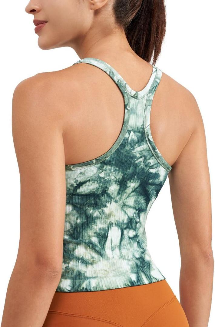 Seamless Ribbed Workout Racerback Tank Tops with Built in Bra for Women (Green, M)