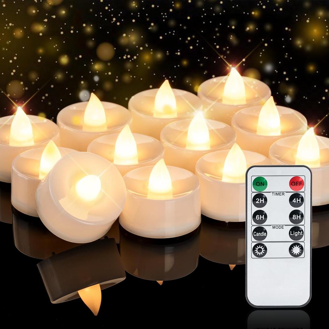 Homemory 12pcs Flameless LED Tea Lights with Remote & Timer, 400+Hours Realistic Flickering Battery Candles for Seasonal, Tabletop, and Centerpieces Decor (Warm White Glow, White Base)