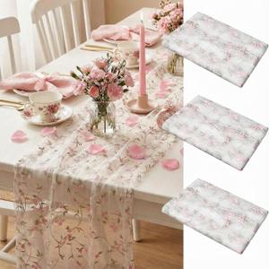 Lounsweer 3 Pcs Flower Table Runner 10ft Embroidery Flower Seasonal Table Runner Tulle Fabric Spring Summer Lace Tablecloth for Bridal Shower Baby Shower Holiday Kitchen Dining Decor DIY Craft (Pink and Green)