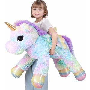 FFxiong 44 Inch Giant Rose Rainbow Unicorn Stuffed Animal Plush Toy with Wings Soft Cute Large Unicorn Plushies Animals Body Pillow Gift for Children Boy Girl Kids Birthday Valentine Room Decorations