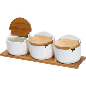 Ceramic Sugar Bowl with Bamboo Lids and Spoons Serving Tray, Porcelain Sugar Container for Sugar Tea Coffee Spice,Salt Condiment with Chalkboard Labels for Home Kitchen ,9.1 fl oz 270 ML,3PCS