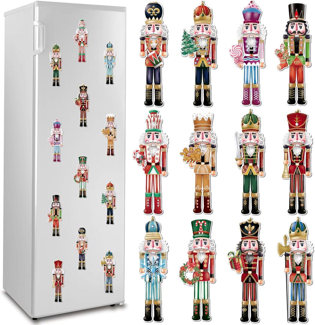 Christmas Nutcracker Refrigerator Magnets Decoration 12Pcs, Magnetic Holiday Nutcracker Car Decals Fridge Garage Door Stickers, Waterproof Decorative Xmas Nutcracker Magnet Accessories for Party Decor