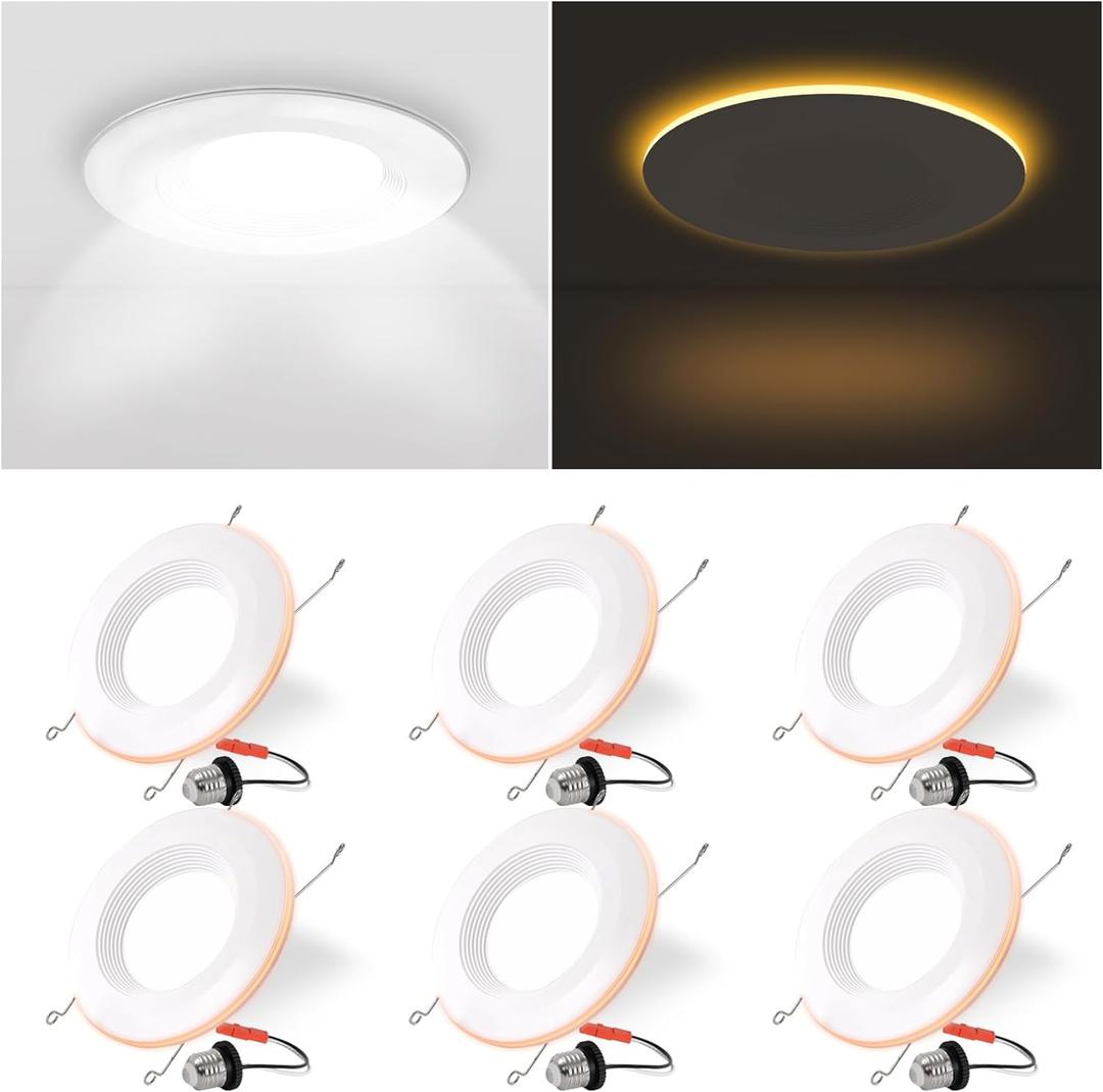 6 Pack 6 Inch LED Recessed Lighting with Night Light, Dimmable Can Lights with Baffle Trim, 9W=85W, 5000K Daylight, 700LM Retrofit Downlight, CRI 90, Damp Rated, IC Rated & ETL Certified