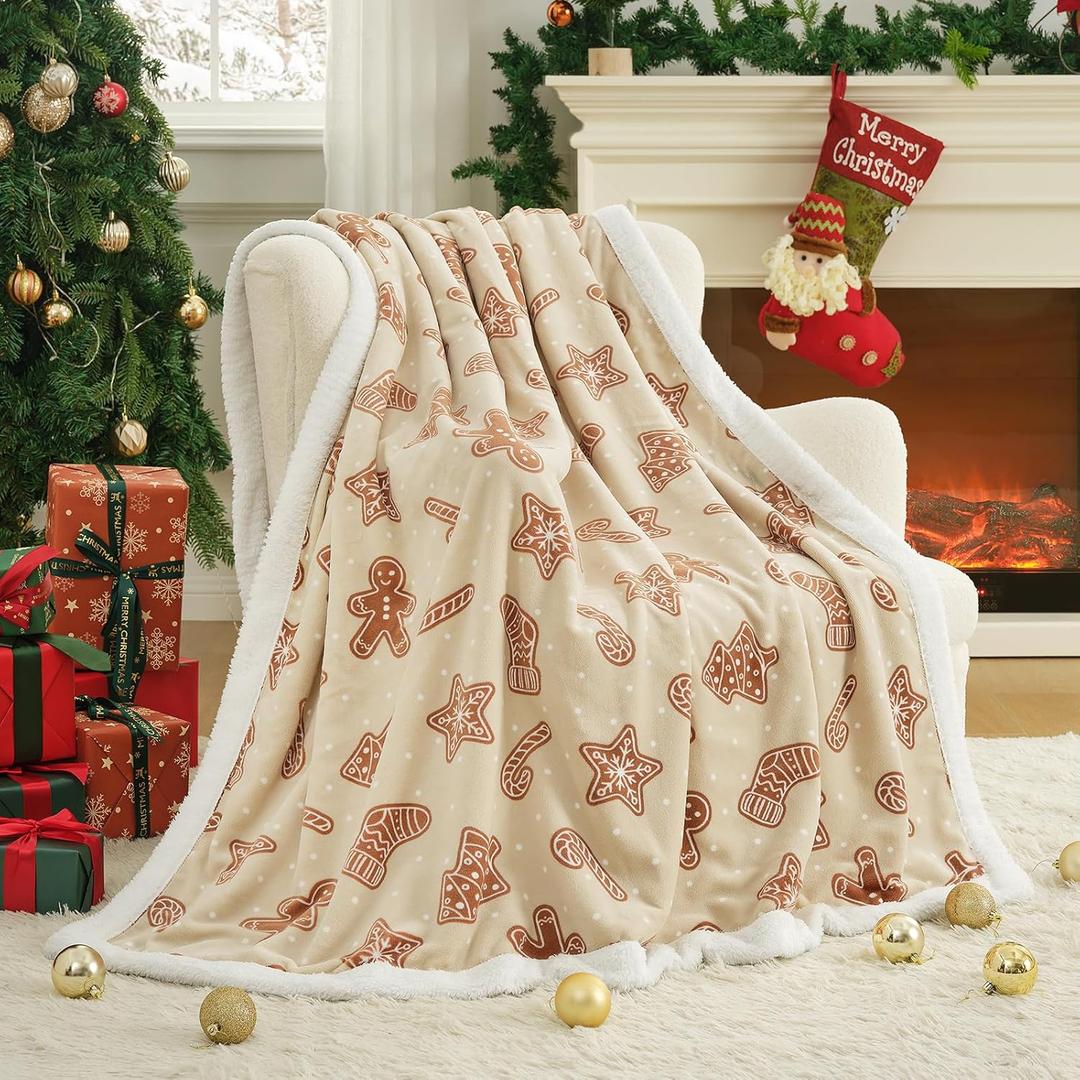 Cozy Bliss Luxury Sherpa Throw Blanket for Couch, Premium Reversible Thick Throw with Gingerbread & Candy Cane Design, Warm Cozy Soft Blanket for Home and Gifts (50 * 60)