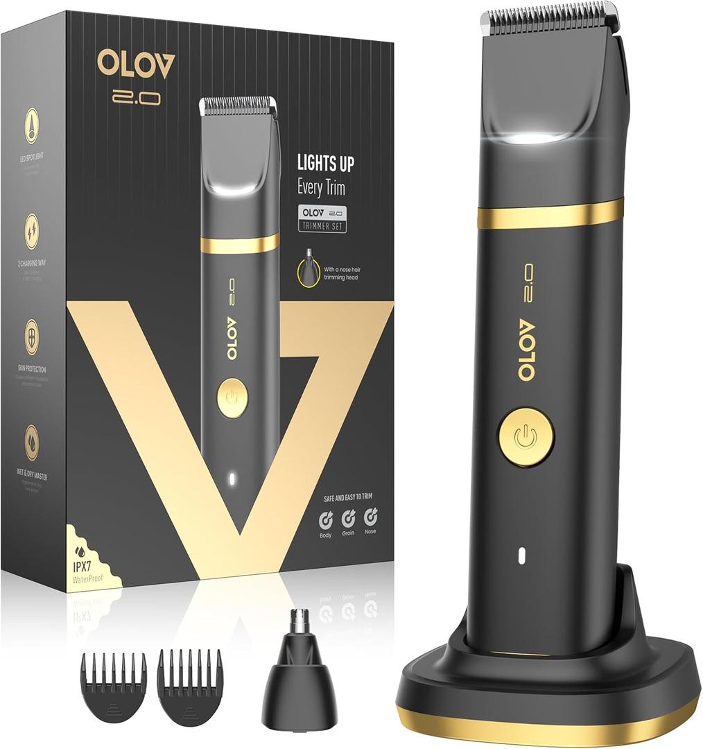 Groin & Body Hair Trimmer for Men - Electric Shaver for Pubic Hair, Chest, Legs - Ball Pubic Groomer, LED Light, Replaceable Ceramic Blade Heads, USB-C Recharge Dock, Waterproof Hygiene Razor (Gold)