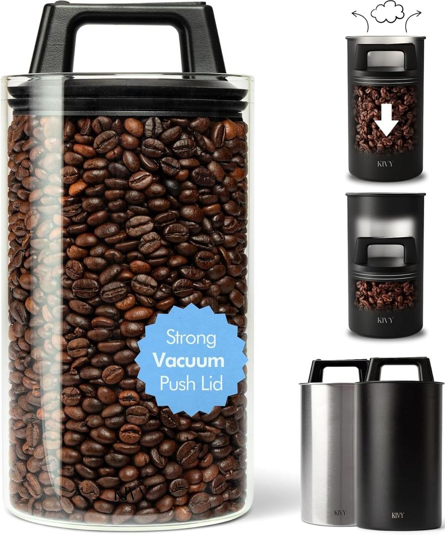 KIVY Vacuum Seal Coffee Canister (Glass) - Coffee Canister with Airtight Lid - Airtight Coffee Jar - Air Tight Coffee Container - Vacuum Storage (Medium)