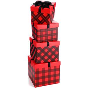 TaoBary 4 Pcs Buffalo Plaid Nesting Gift Boxes Stackable Red Black Decorative Boxes with Lids Nested Storage Cube for Holiday Birthday Party Gift Decor