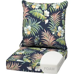 Arden Outdoor Foam Deep Seat Cushion Set, 22 in x 24 in, Weather-Proof, Rain-Proof, Fade Resistant Patio Cushion, Bottom and Back Cushion for Chair, Sofa, and Couch Simone Blue Tropical