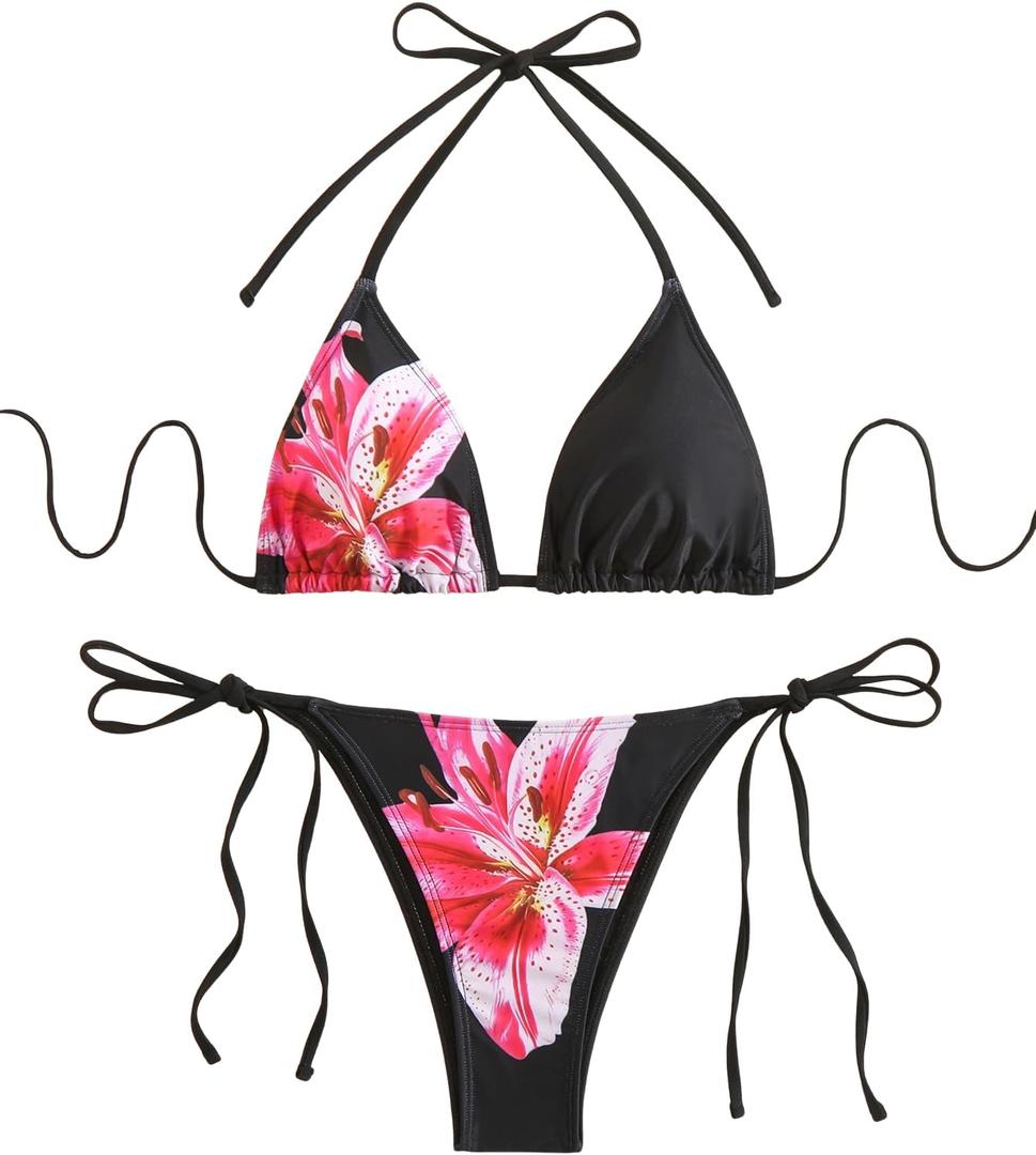 SEGT Women's 2 Piece Floral Print Halter Neck Tie Bikini Set Triangle String Thong Swimsuit Summer Bathing Suits for Women (Medium, Black)