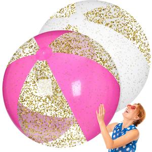 2 Pcs 48'' Giant Beach Balls for Swimming Pool 4 Ft Jumbo Glitter Confetti Inflatable PVC Pool Balls Large Summer Blow up Beach Toys for Adults Summer Outdoor Party Favor(Pink White)
