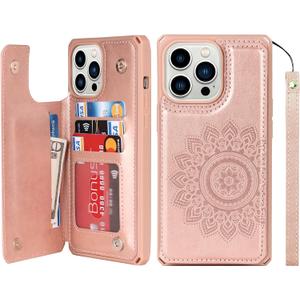 iCoverCase Compatible with iPhone 13 Pro Max Wallet Phone Case with Card Holder for Women, RFID Blocking Embossed PU Leather Wrist Strap Case 6.7 Inch (Mandala Rose Gold)