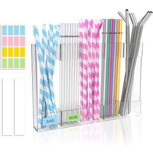 Acrylic Straw Holder for Cabinet Door, 9.5" Reusable Straws Organizer Storage Dispenser with Ultra Sticky Adhesive, Kitchen Accessories Container for Counter Cupboard (Transparent)