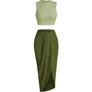 ZAFUL Women's Summer Two Piece Outfits Crop Tops and Slit Draped Ruched Maxi Skirt Set Tank Dress Sets Beach Cover Ups (B-Mix Green, S)