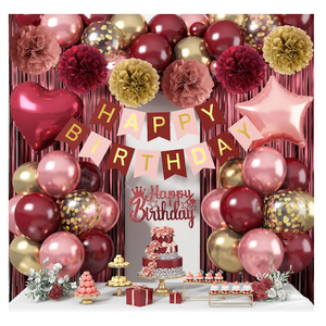 Burgundy Birthday Decorations for Women Girls, Wine Red Rose Gold Balloons Maroon Burgundy Gold Happy Birthdays Balloon Banner Pompoms Curtains for Women Girls Adults Birthday Party Decorations