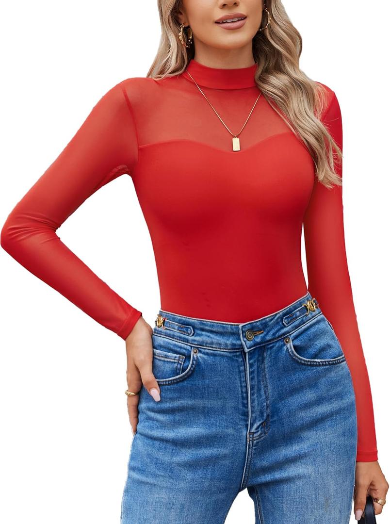 Avidlove Long Sleeve Bodysuits for Women Mock Neck Sheer Mesh Sleeve Bodysuit Double Lined Leotards Shirt Going Out Top (Medium, Red)