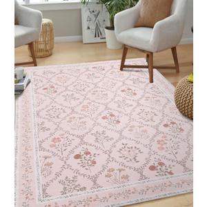 YIHOUSE 5x7 Washable Rug for Bedroom, Pink Floral Rugs for Living Room Non Slip Ultra-Thin Large Boho Rug for Kids Playroom, Classroom, Girls Dorm, Nursery, Pink Multi