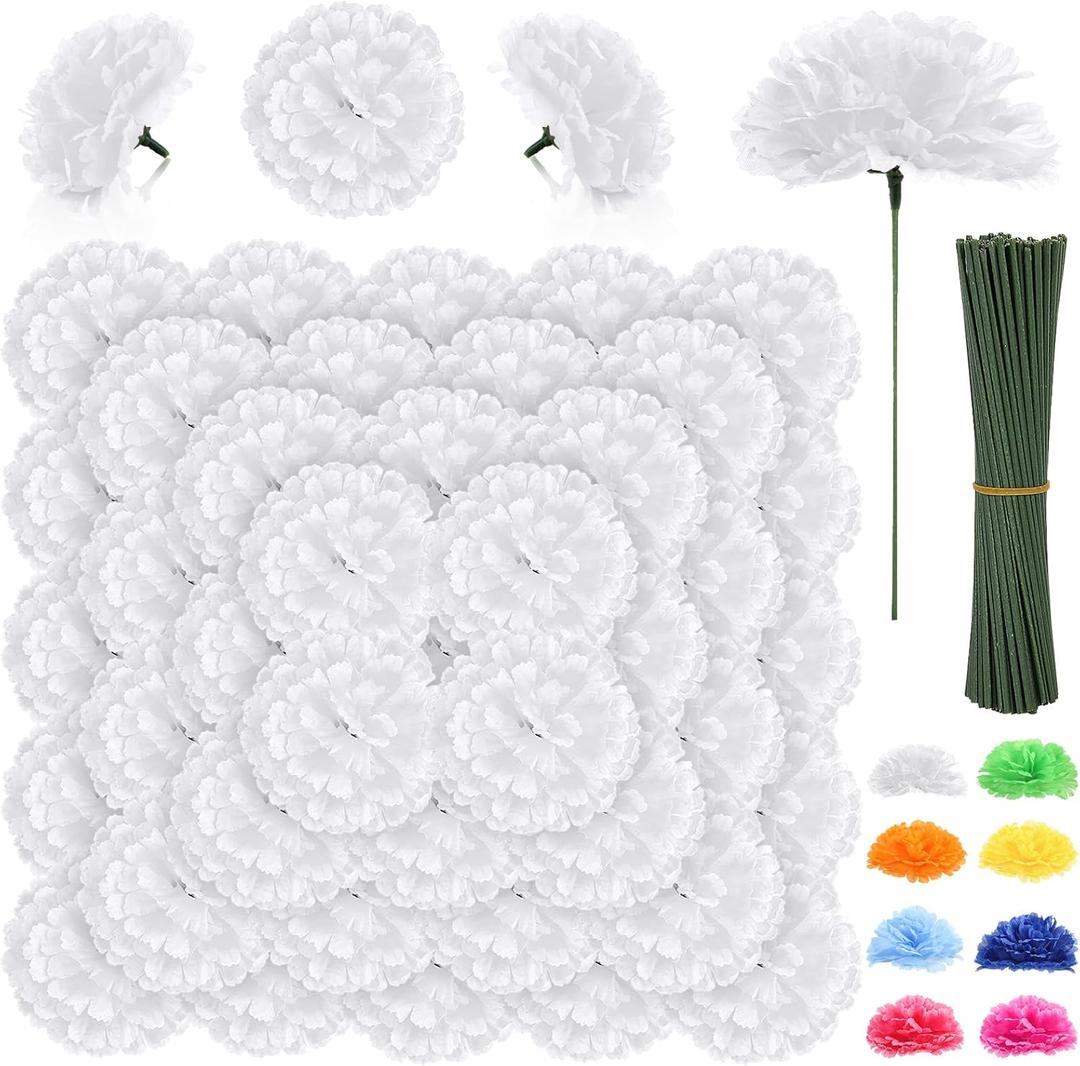 108pcs Carnation Head Flowers with Stem - White Artificial Flowers Carnation Bulk - 3.5" White Silk Carnation Fake Flower for Wedding Bouquet Decor DIY Baby Shower Centerpieces Grad Party Tables Decor