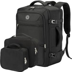 SHRRADOO Travel Backpack for Women & Men,Airline Approved Carry On Luggage,TSA Overnight Bags,40L Personal Item Travel Bag fits 17" Laptop,Carry on Bag with Underwear Bag Cosmetic Bag Set 3pcs (Black)