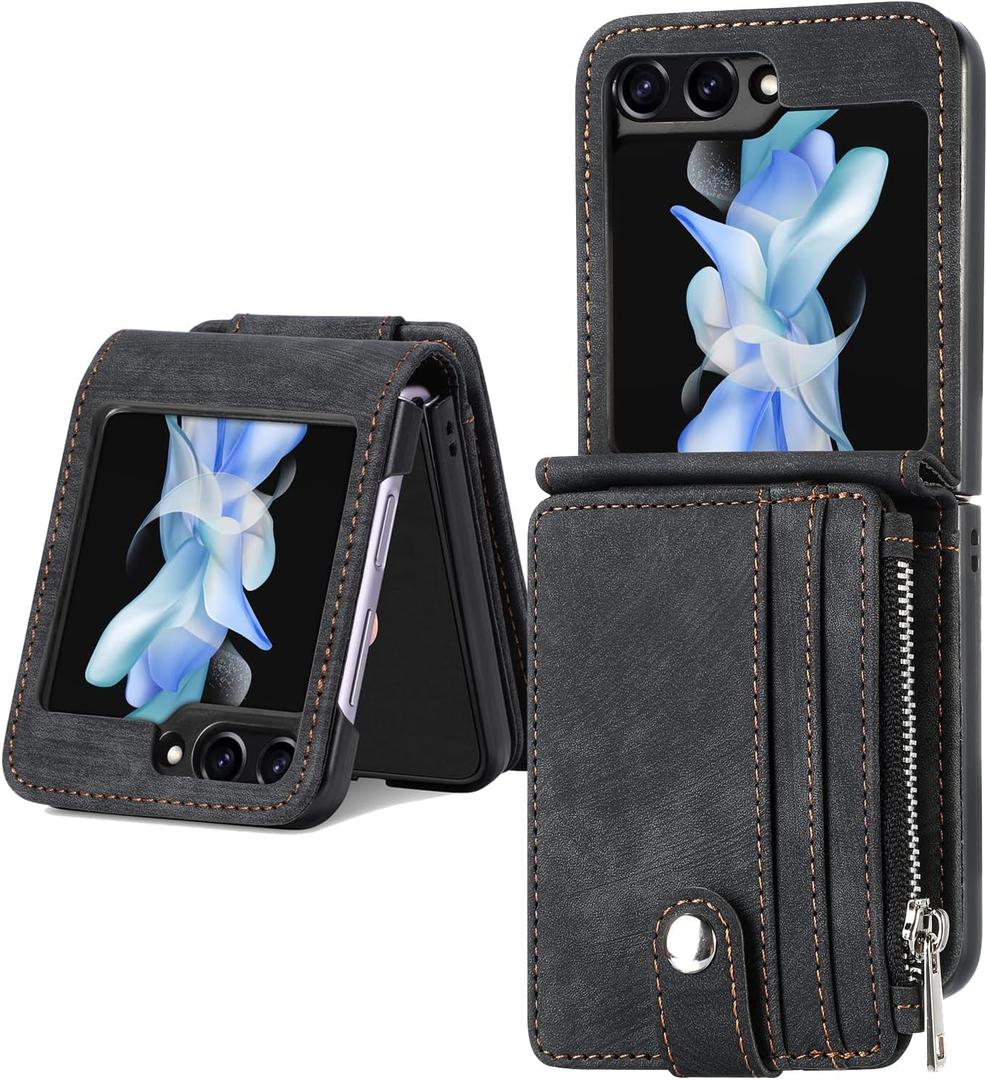 Cases for Galaxy Z Flip7 FE/Galaxy Z Flip 6 Wallet Case with Card Holder Retro 2 in 1 Detachable Zipper Flip PU Leather Protective Phone Cover for Galaxy Z Flip7 FE/Galaxy Z Flip 6 Black