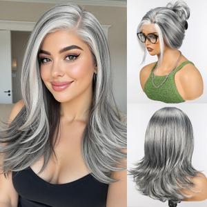 HAIRCUBE Long Wavy Wigs for Women with Partial Bangs, Heat Resistant Fibre Synthetic Lace Front Wig Grey Color