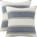 AmHoo Pack of 2 Farmhouse Linen Throw Pillow Cover Cushion Stripe Decoration Buffalo Retro Pillowcase with Hidden Zipper for Sofa Bedroom Car 18 x 18 Inch Blue