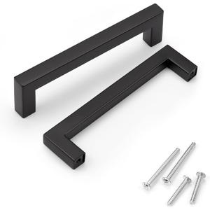 KNOBWELL 6 Pack 5 in Matte Black Kitchen Cabinet Door Handles - Stainless Steel Drawer Dresser Pulls Kitchen Cabinet Handles Black 6 Pack - 5" Hole Centers