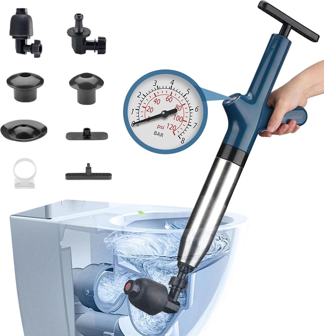 Powerful Toilet Plunger, Air Drain Blaster Stainless Steel,Drain Cleaner Plunge Blaster with Pressure Gauge, Multi Attachment Suitable for Bathroom,Floor Drain,Sewer,Kitchen Clogged (Sapphire Blue)