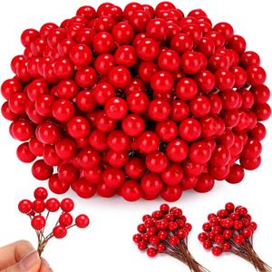500 Pcs Artificial Holly Berries, Mini 10 mm Christmas Fake Berry with Stem Berry Picks for Xmas Tree Home Deocr Wreath DIY Craft Winter Holiday Party Decoration(Red,Pure)