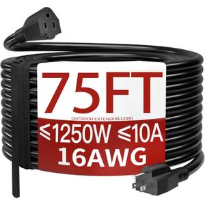 16/3 75 Ft Outdoor Extension Cord Waterproof, Weatherproof & Flame Retardant Black 3 Prong Power Cord Outside for Lawn & Garden, 10 Amps 1250 Watts 125 VAC 16AWG SJTW, ETL Listed