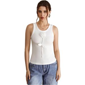 Women's 3D Floral Tank Top Crew Neck Sleeveless Dressy Casual Ribbed Knit Tops (L)