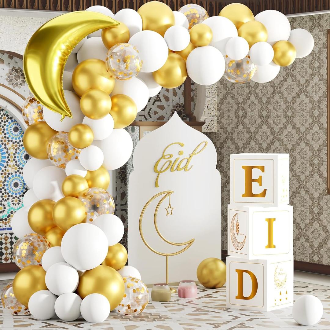 Eid Mubarak Decoration for Home 2026 - 89 White Gold Balloon Arch with Eid Mubarak Star Balloons,Star Moon Balloon Boxes,Ramadan Party Supplies Decorations for Ramadan Festival