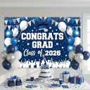 Congrats Grad Graduation Decorations 2026 Backdrop Banner, Large Blue Silver Class of 2026 Graduation Party Supplies, Fabric Senior 2026 Photo Booth Background for High School College, 59.1x39.4I Inch