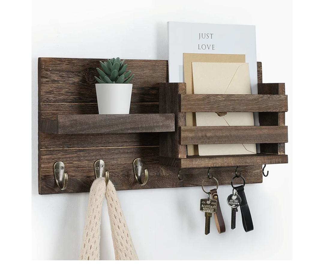 Mail Organizer for Wall Mount – Key Holder with Shelf Includes Letter Holder and Hooks for Coats, Dog Leashes – Rustic Wood with Flush Mounting Hardware (16.5” x 8.7” x 3.5”)