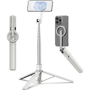 TONEOF 68" Magnetic Selfie Stick Tripod with Aluminum Strong Magnetic Holder for Magsafe, 360 Rotatable Travel Phone Tripod Stand with Metal Ring & Rechargeable Remote for iPhone/Android (Beige Gray)