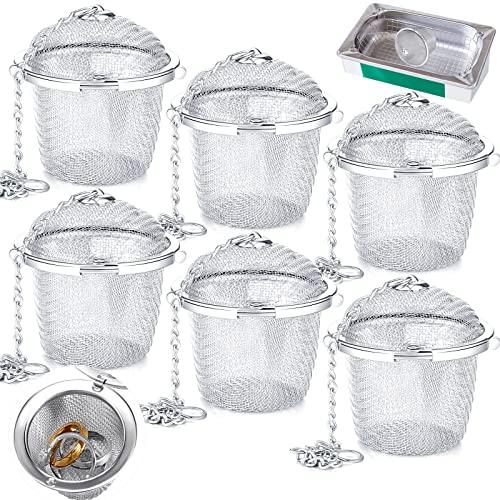 Potchen  Jewelry Cleaner Baskets Stainless Steel Jewelry Steam Cleaner Baskets for Watch Parts Small Items Cleaning Solution with Lock and Hook, 1.57 x 1.77 Inch(Silver), 6 Pcs