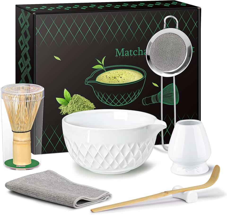 Matcha Whisk Set, 7 Pcs Matcha Kit, Ceramic Matcha Set Includes Matcha Bowl with Spout, Matcha Whisk and Holder, Bamboo Scoop, Scoop Rest, Sifter and Tea Towel (Ceramic White)