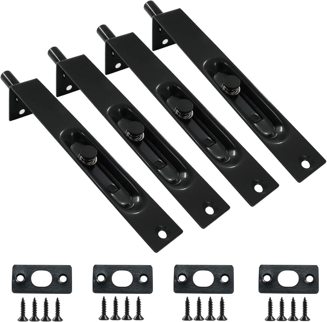 4 Pack 6 Inch Stainless Steel Door Flush Bolt Latch, French Door Lock Latch L Type Lever Action Flush Bolt (Black)