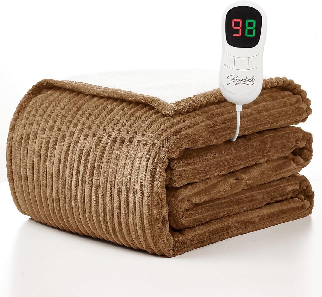 Homemate Heated Blanket Electric Throw - 50"x60" Heating Blanket Throw 1/2/4/6/8 Hours Auto-Off 10 Heat Levels Over-Heat Protection Soft Flannel Sherpa ETL Certification (Beige (Striped))