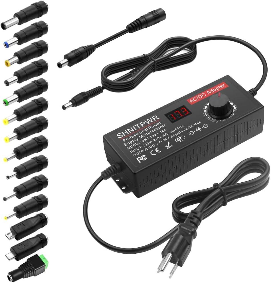 SHNITPWR Universal Power Supply DC 24V 12V 5V 6V 9V 14V 19V Adjustable AC/DC Adapter 100V~240V AC to DC Variable Power Converter Multi-Voltage 3.5V ~ 24V 6A 144W Power Adapter 14 Tips LCD Display